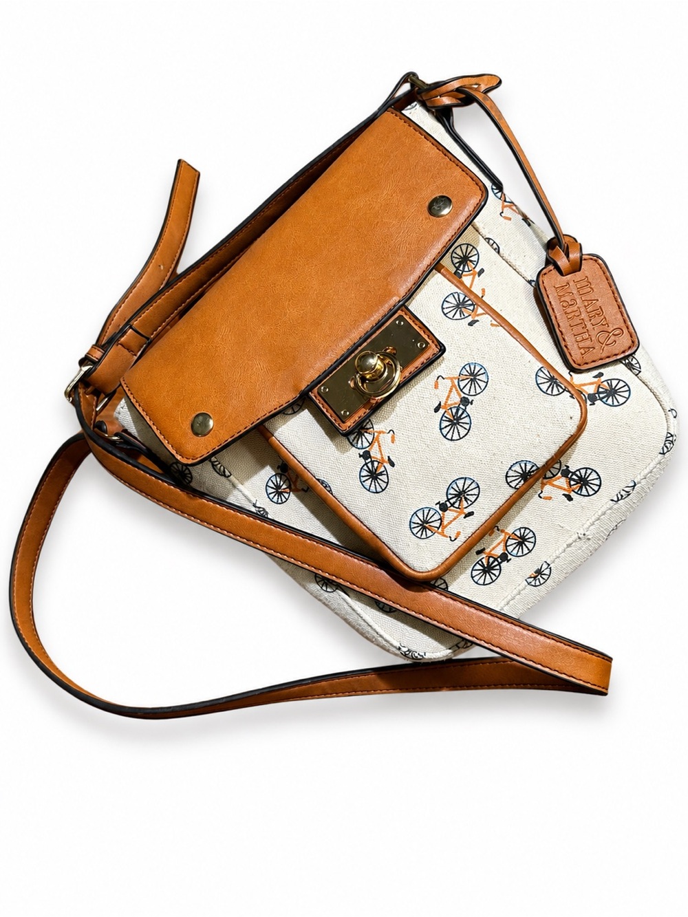 Mary & MarthaCream Bicycle Print Crossbody with Tan Leather Trim